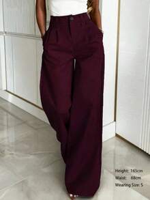 Pantalones anchos de primavera casuales para mujer , estilo de pierna recta holgada, diseño de cintura único de unicolor, adecuados para la oficina y el uso diario, versátiles y favorecedores - Burdeos - Ver 1