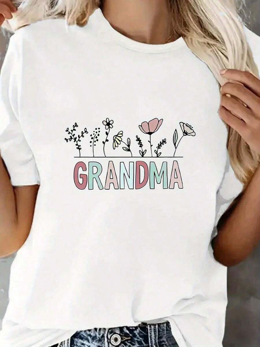 Camiseta de Mujer con Estampado Floral "Abuela Elegante" - Ropa Deportiva Casual Cómoda y Transpirable, Manga Corta, Cuello Redondo, Mezcla de Algodón, Lavable a Máquina, Ropa Casual para Todas las Temporadas, Textura Suave, 100% Algodón - Blanco - Ver 1
