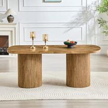 Modern Oval Dining Table With Fluted Central Leg, High Quality MDF Top With Wood Look, In Wabi-Sabi And Mid-Century Style For The Kitchen. - 自然色 - 查看 3