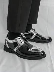 Men's Formal Shoes, Color Block Lace-Up Leather Shoes, British Style Patent Leather Patchwork, Non-Slip Thick Sole, Suitable For Saturday Banquet, Wedding, Groom Wedding Ceremony - Multicolor - View 4