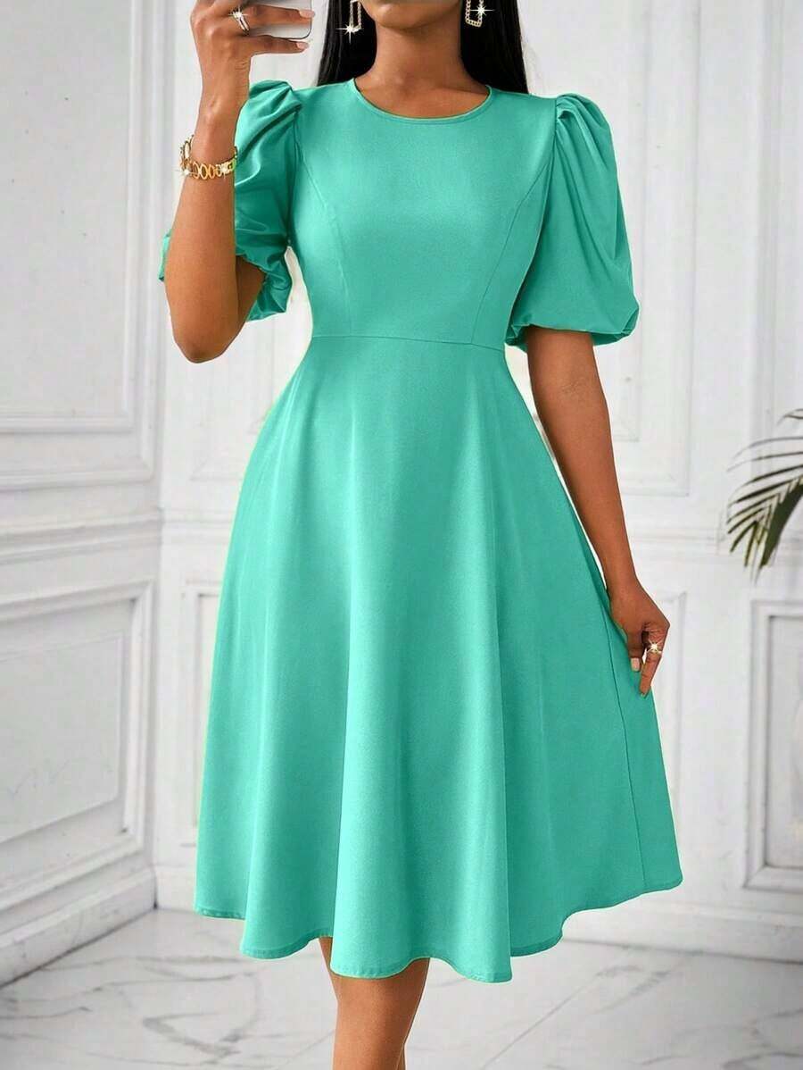 Vestido verde de manga abullonada larga, cuello en V, cintura recogida y bajo acampanado, para primavera y verano - verde menta - Ver 1