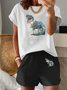 Round Neck Short Sleeve T-Shirt And Shorts, New Y2K Style Fun Blue Dinosaur Print Beige Loose T-Shirt + Simple Shorts Set, Versatile 2pcs Outfit For Daily Commute, Casual Wear, And, Machine Washable - 短褲 - 查看 1