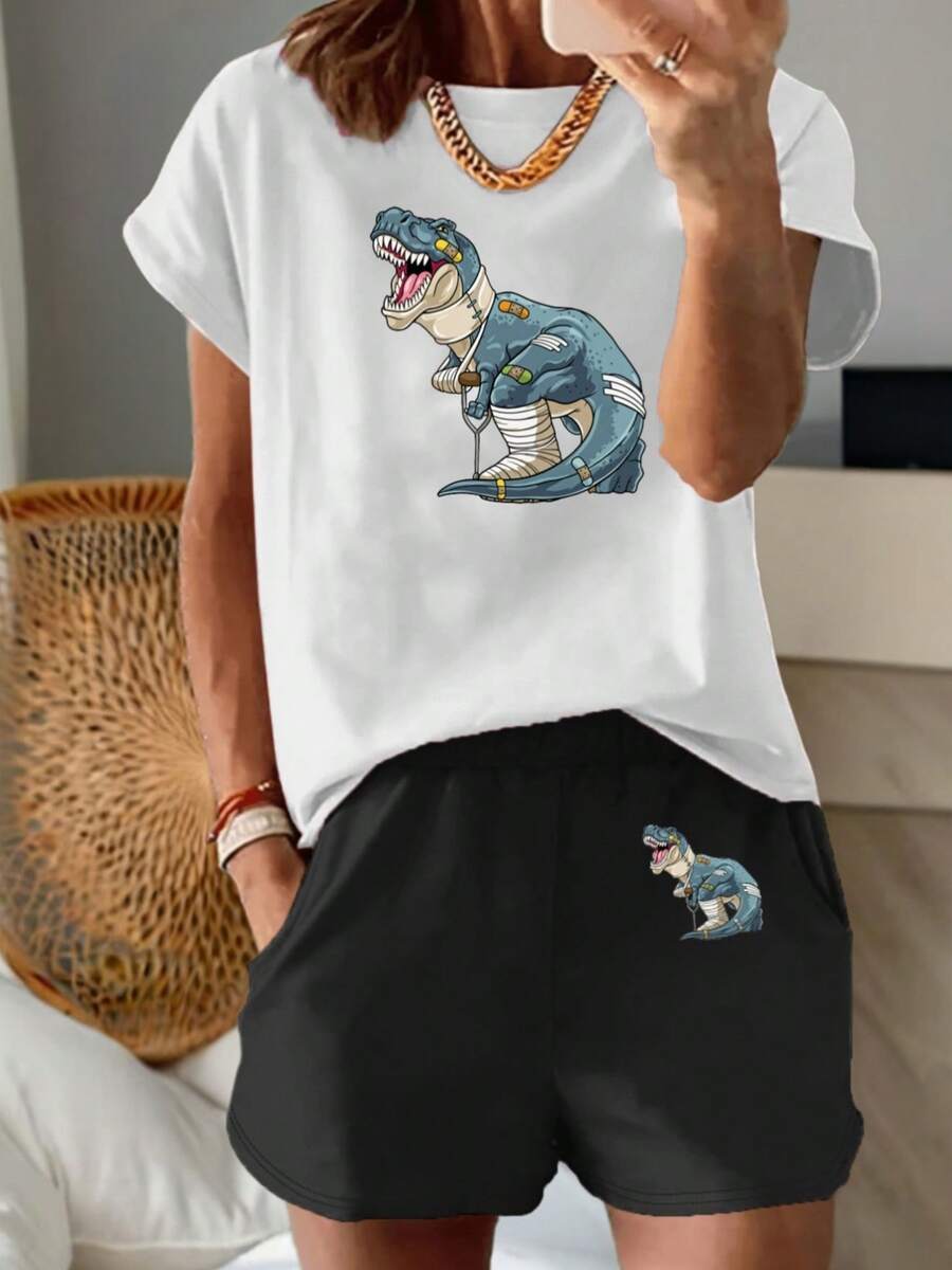 Round Neck Short Sleeve T-Shirt And Shorts, New Y2K Style Fun Blue Dinosaur Print Beige Loose T-Shirt + Simple Shorts Set, Versatile 2pcs Outfit For Daily Commute, Casual Wear, And, Machine Washable - 短褲 - 查看 1