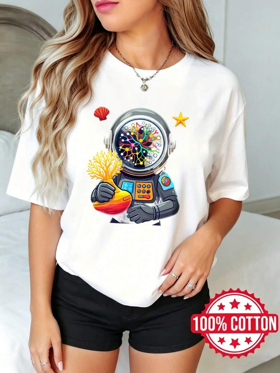 Women's Short Sleeve T-Shirt With Round Neck And Print, Summer, Casual Astronaut Holding Coral And Starfish S-3XL 100% Cotton Material - 白色 - 查看 1