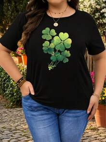Talla - Talla - Camiseta Casual de Manga Corta para Mujer de Talla - Con Estampado de Trébol, Top Elástico de Cuello Redondo para Primavera y Verano, Lavable aáquina, Hecha de Tejido de Elasticidad Media - Negro - Ver 8