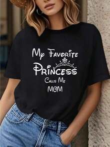 1 pieza de camiseta para mujer con estampado de letras de princesa y la frase 'Mi princesa favorita, me llama mamá', de manga corta, color negro con 'Mamá' en blanco y texto, estilo casual para madre, familiar, conjunto a juego, regalo para todas las temporadas: Navidad, Pascua, Halloween, Acción de Gracias, etc. 100% algodón. - Negro - Ver 7