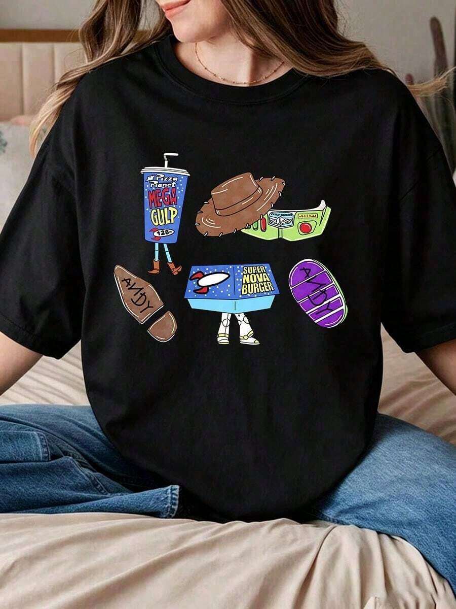 Camiseta de manga corta blanca de corte relajado con estampado gráfico de patrón retro, para mujer, combina con todo, suave. - Negro - Ver 1