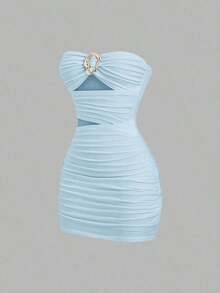 Vestido mini ajustado y sexy para mujer con hebilla metálica sin tirantes - Azul - Ver 7