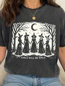 Women's Casual Loose Fit Crew Neck T-Shirt With Witch And Slogan Print, Loose Fit, Casual And Versatile Top, Y2k T-Shirt - 白色 - 查看 1