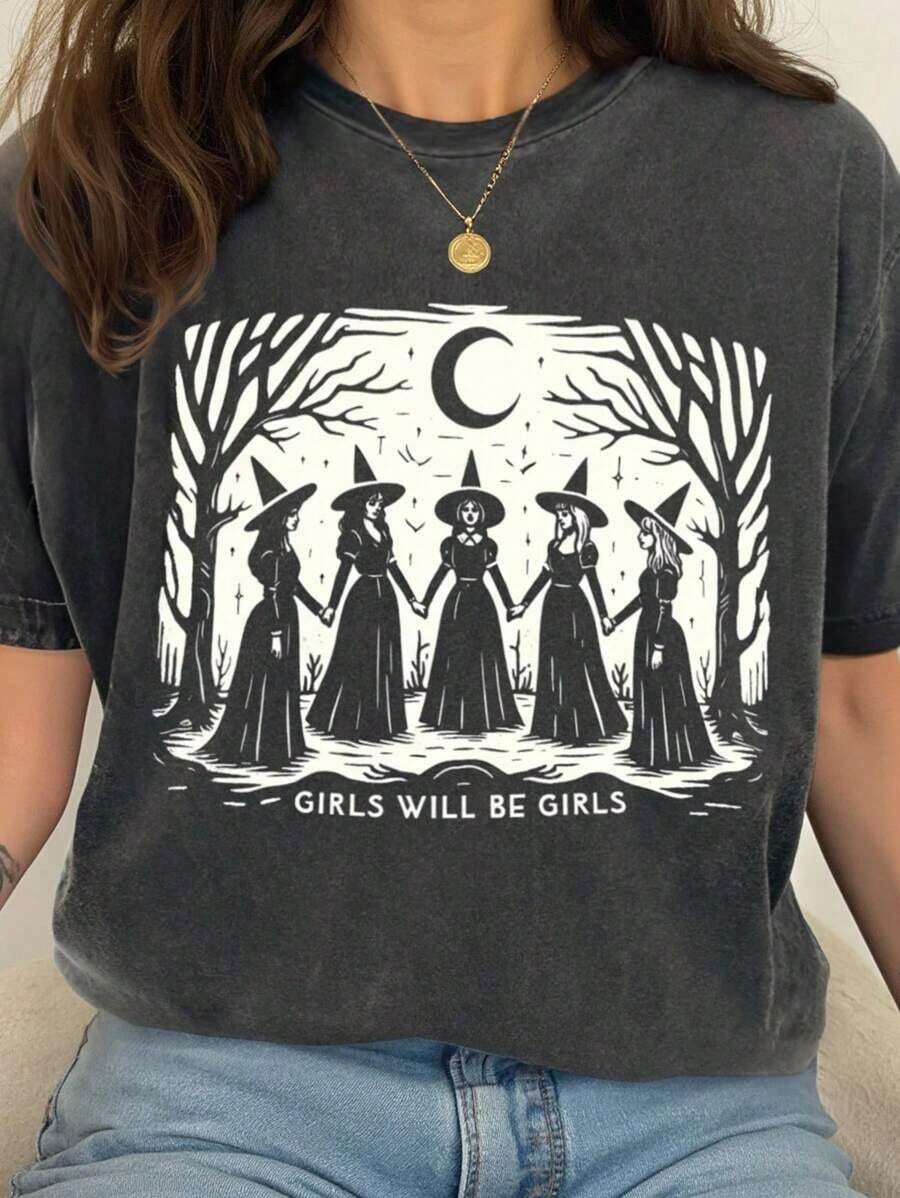 Women's Casual Loose Fit Crew Neck T-Shirt With Witch And Slogan Print, Loose Fit, Casual And Versatile Top, Y2k T-Shirt - 白色 - 查看 1