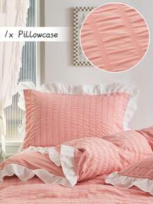 1pc Soft Pink Bubble Gauze Pillowcase, White Ruffle Edge Cute Romantic Pleated Texture Decorative Throw Pillow Cover, Breathable & Machine Washable, No Filling Included - Pink - View 1