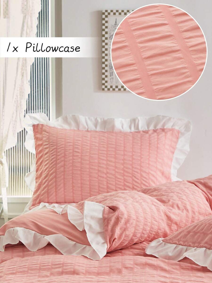 1pc Soft Pink Bubble Gauze Pillowcase, White Ruffle Edge Cute Romantic Pleated Texture Decorative Throw Pillow Cover, Breathable & Machine Washable, No Filling Included - Pink - View 1