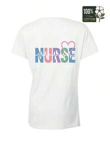 1 Piece, Free Shipping, Comfortable Solid Color Women's T-Shirt, Nurse Heartbeat Design 2026, Women's Beachwear, Cute 100% Cotton Clothing. - 白色 - 查看 2