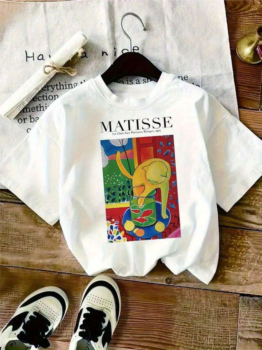 1 pieza. Camiseta de algodón puro para mujer con cuello redondo, estampado de anime con letras a la moda y acabado vintage envejecido. Diseño sencillo, cómoda y transpirable, esencial y versátil, adecuada para uso diario informal, muestra un estilo natural y elegante, esencial para fiestas de verano, entrega local, conjuntos de verano para mujer, tops 100% algodón. - Blanco - Ver 1