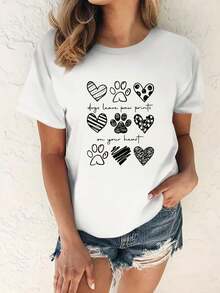 Short-Sleeve T-Shirt With Dog Paw Print And Heart - Unisex, Loose Fit - Comfortable, Urban Vintage Style - Cotton T-Shirt - 白色 - 查看 1