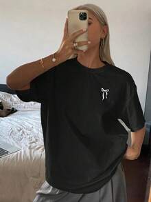 Camiseta de mujer de manga corta holgada y larga de cuello redondo y unicolor para el verano - Negro - Ver 1