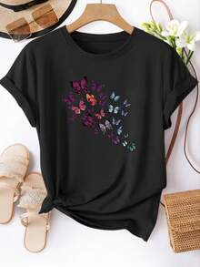 Women's T-Shirt, Casual Short-Sleeved Round Neck T-Shirt, Colorful Butterfly Print T-Shirt - Perfect Choice For Spring And Summer. - 黑色 - 查看 1