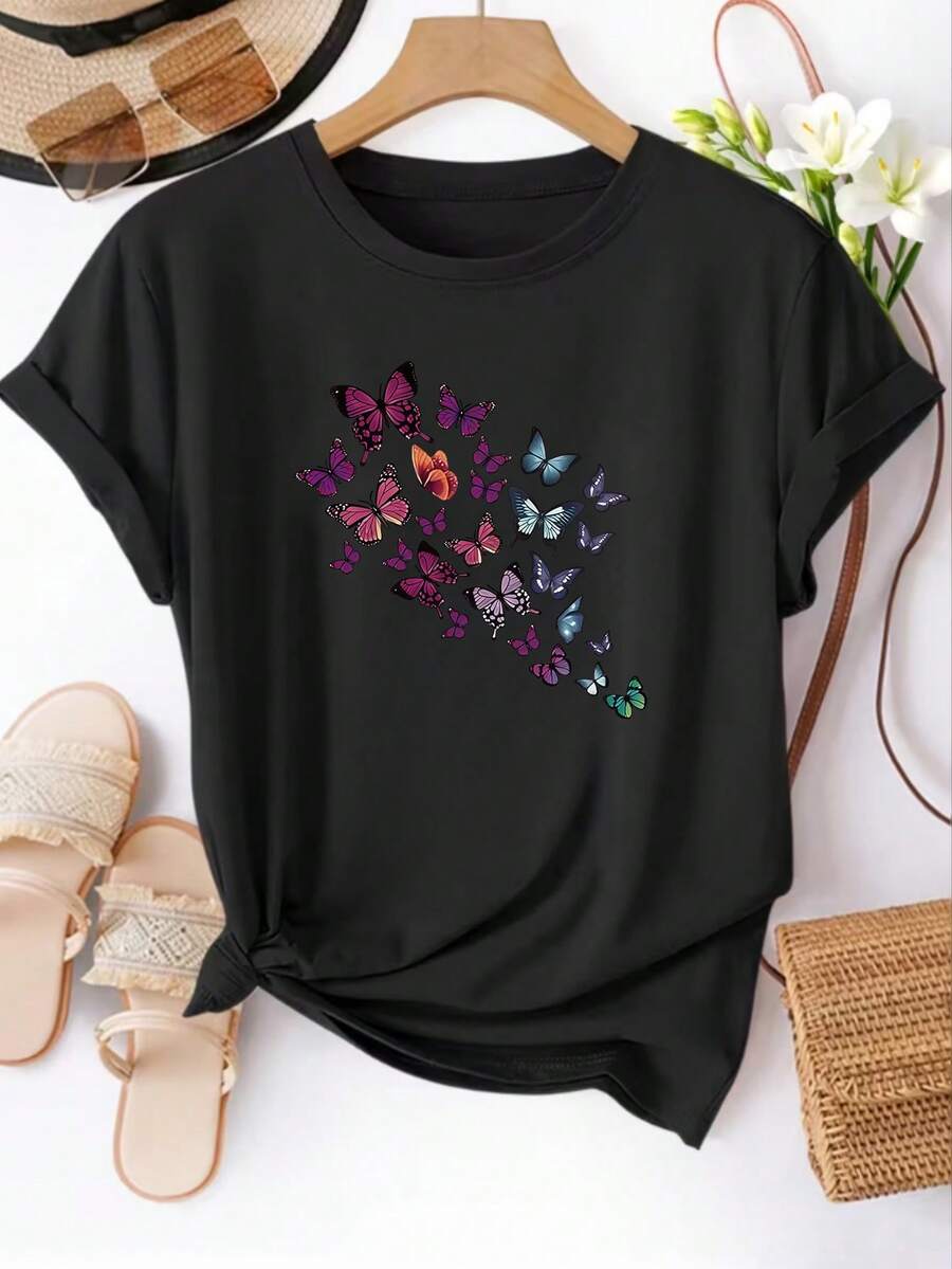 Women's T-Shirt, Casual Short-Sleeved Round Neck T-Shirt, Colorful Butterfly Print T-Shirt - Perfect Choice For Spring And Summer. - 黑色 - 查看 1