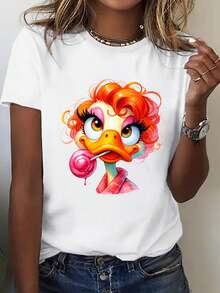 Women's Cotton Clothing, Loose-Fitting 200gsm T-Shirt With A Casual Vintage Design, Black Urban Style For Spring And Summer, New Season Fashion, Bold Prints, Breathable Fabric, Short-Sleeved T-Shirt. 4VEN - 白色 - 查看 2