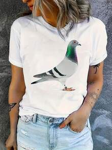 Camiseta Deportiva Casual para Mujer con Estampado Creativo de Palomas Realistas, Cuello Redondo, Manga Corta, Cómoda para el Verano y Vacaciones. - Blanco - Ver 1