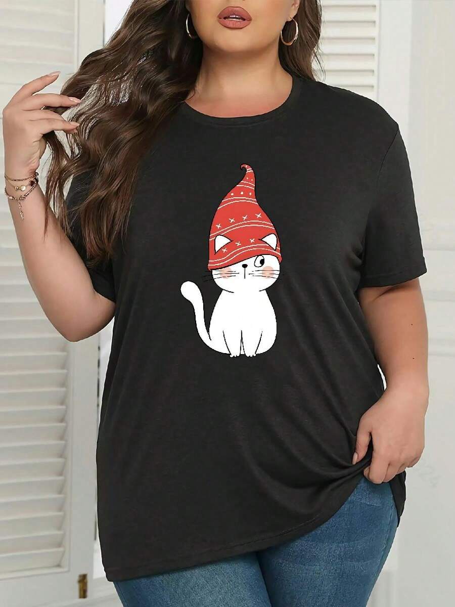 Tamaño grande - Talla grande, camiseta negra de talla grande para mujer - Top elástico de cuello redondo y corte holgado, base blanca, camisa ligera para uso diario (lavable a máquina, ropa casual para todas las estaciones), prenda multifuncional, patrón geométrico, textura suave, camiseta de manga corta, camiseta de mujer, ropa para todas las estaciones, camiseta estampada casual, camiseta de ajuste cómodo, uso diario, estilo casual, material transpirable, camiseta estampada, curvas a la moda. blusas para mujerVerano Gráfico Camisetas Para Mujeres Informal Camisa Imprimir Camiseta Corto Manga Y Redondo Cuello, Local Primavera/Verano Urbano Moda. - Negro - Ver 1