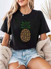 Women's Casual Fruit Print T-Shirt - Short Sleeve, Round Neck, Lightweight, Orange Fruit Design On White Background, Soft Polyester, Ideal For Spring And Summer, Casual Summer T-Shirt | Fun Printed T-Shirt | Soft Fiber Top. Suitable As A Gift. Women's T-Shirt. Blouses > Elegant Leisure - 黑色 - 查看 6