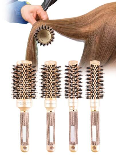 Set de 4 cepillos de pelo rizador dorados, cepillo profesional adecuado para salón, cepillo de estilo de calor resistente al calor de cerámica de aluminio antiestático, aplicable a varios tipos de cabello para peinados rizados y ondulados, conjunto de herramientas para el cabello, que incluye peine, cepillo desenredante, cepillo redondo, mini set de cepillos, peine de madera, peine de espalda, cepillo de pelo, cepillo de bordes, set de cepillos de pelo