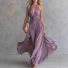 Nuevo 2026 Vestido Ajustado Mujer Color Sólido Cuello en V Sin Mangas Estilo Europeo Americano - Morado - Ver 3