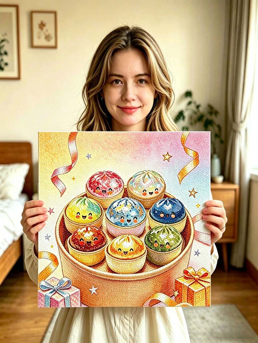 25 x 25厘米/9.8 x 9.8英寸可爱饺子钻石画,钻石马赛克手工工艺品,全钻艺术品,DIY减压套装,适合桌面装饰,独特设计的手工家居装饰品 - A - 查看 1