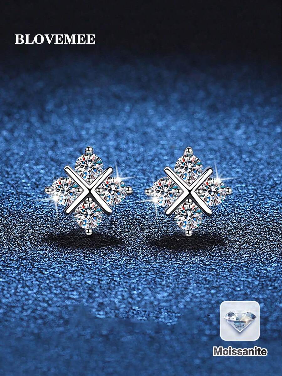 2 chiếc Bông tai Moissanite đơn bạc 925 ngọt ngào và đa năng 40 điểm, thích hợp cho trang phục hàng ngày của phụ nữ & Quà tặng lễ hội