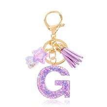 1 Pc Cute Purple Glitter Letter Keychain, Initial Resin Keyring With Tassel & Star Charm, Fashion Aesthetic Purse & Car Key Accessory - Purple - View 32