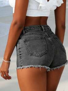 Women's Sexy Distressed Stretch Fitted Straight Leg Denim Shorts, Summer - Grey - View 3