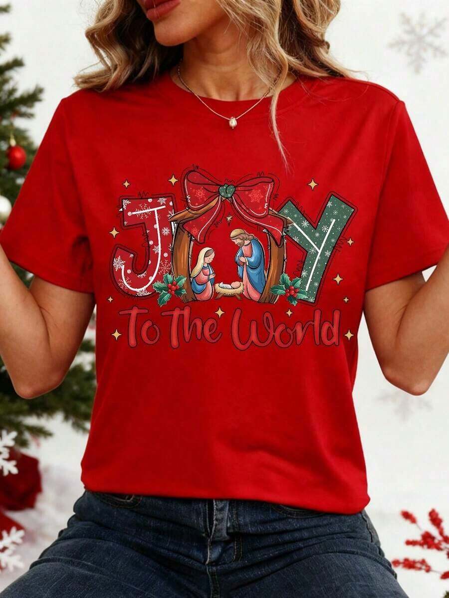 Nueva Camiseta Casual de Verano con Estampado de Jesús para Mujer - Estilo Vintage Urbano Unisex, de Algodón, Manga Corta y Cuello Redondo - rojo - Ver 1