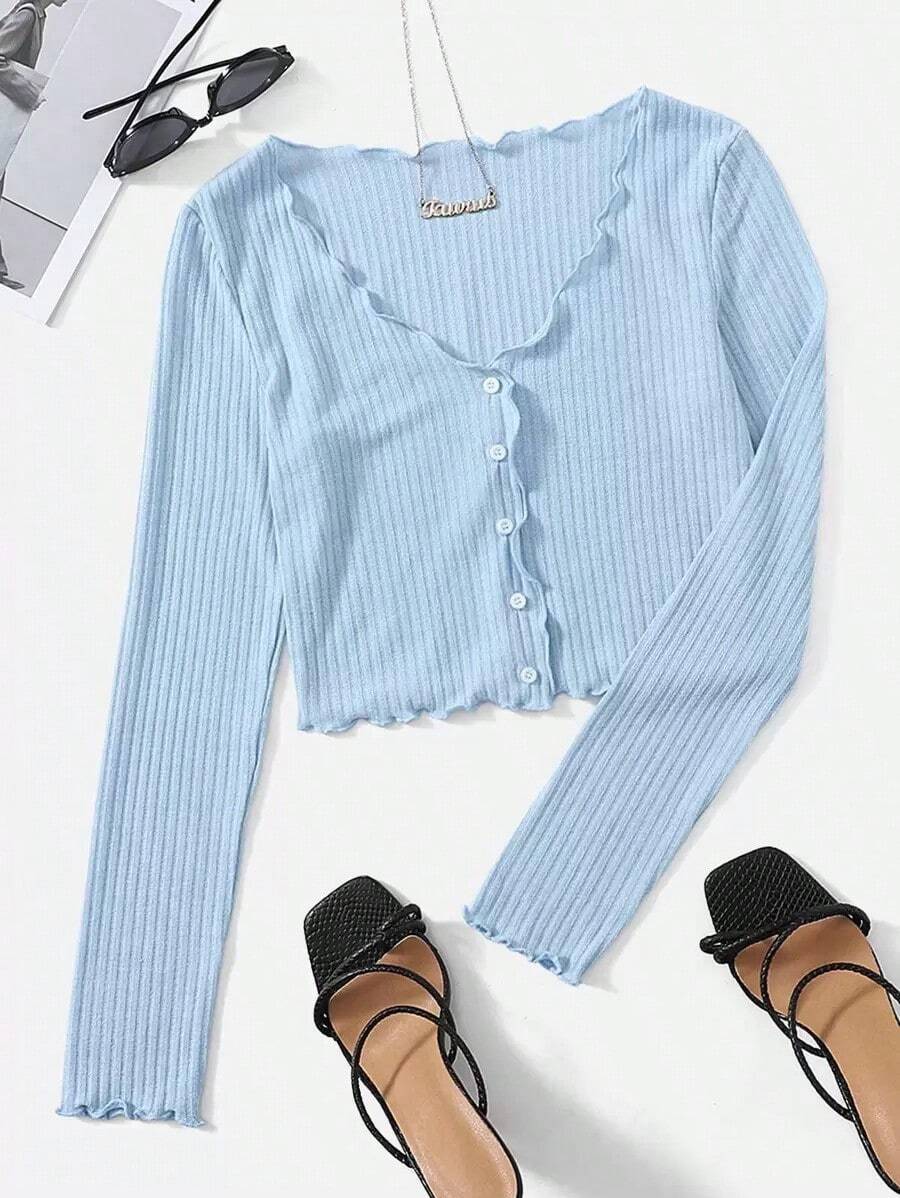 Camiseta De Punto De La Lechuga Con Botones Para Mujer - Celeste - Ver 1
