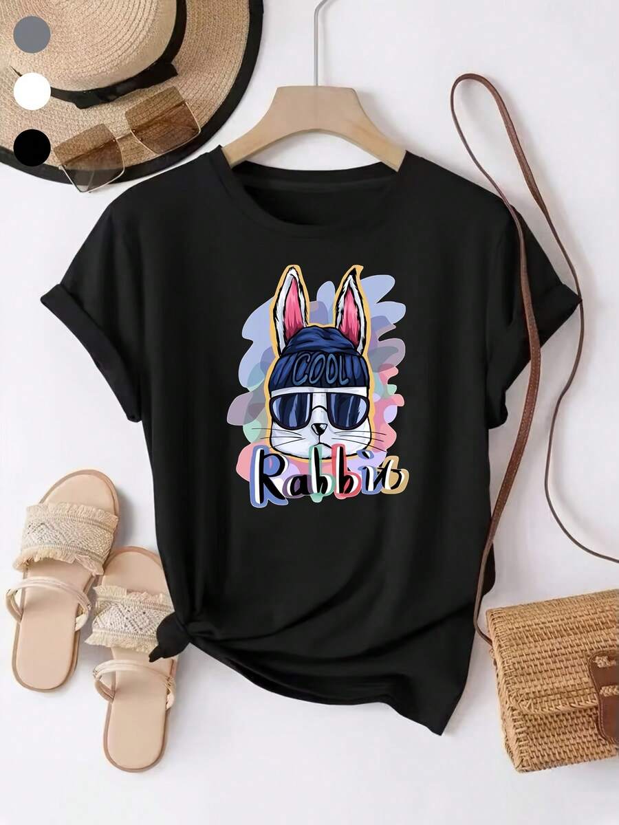 Women's T-Shirt With Rabbit Graphic - Short-Sleeved T-Shirt With Rabbit Print And  Blue Beanie Glasses | Abstract And Colorful Casual Basic T-Shirt Suitable For Everyday Wear, Machine Washable, With Rabbit Text For Year-Round Outfits