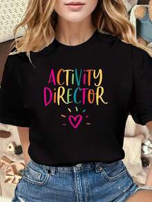 Camiseta de Director de Actividades Multicolor con Texto de Arcoíris y Diseño de Corazón para Eventos Drtidos y Fiestas, Camiseta de Cuello Redondo para Uso Casual, Manga Corta, Tejido Ligero para Todas las Estaciones - Negro - Ver 2