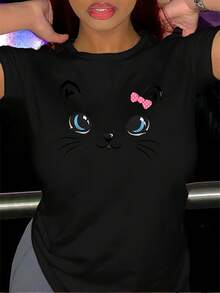 Women's Pure Cotton T-Shirt With Cat Print - Short Sleeve, Crew Neck, Ideal For Casual Spring And Summer Wear - Soft And Breathable Fabric, Medium Stretch - Cat Print T-Shirt - Machine Washable - Retro Design - Seasonal Fashion - Comfortable Fit - Women's Short Sleeve T-Shirts - 黑色 - 查看 1