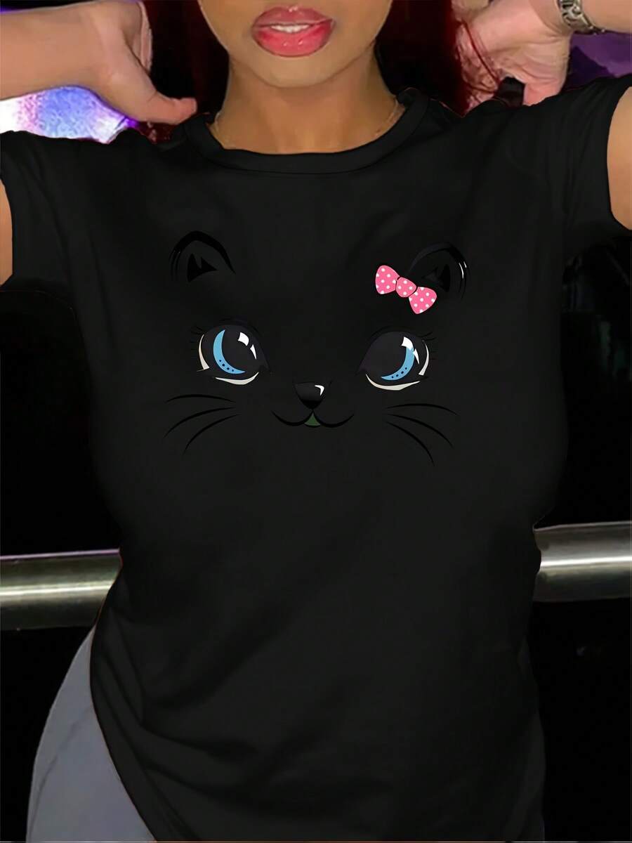 Women's Pure Cotton T-Shirt With Cat Print - Short Sleeve, Crew Neck, Ideal For Casual Spring And Summer Wear - Soft And Breathable Fabric, Medium Stretch - Cat Print T-Shirt - Machine Washable - Retro Design - Seasonal Fashion - Comfortable Fit - Women's Short Sleeve T-Shirts - 黑色 - 查看 1