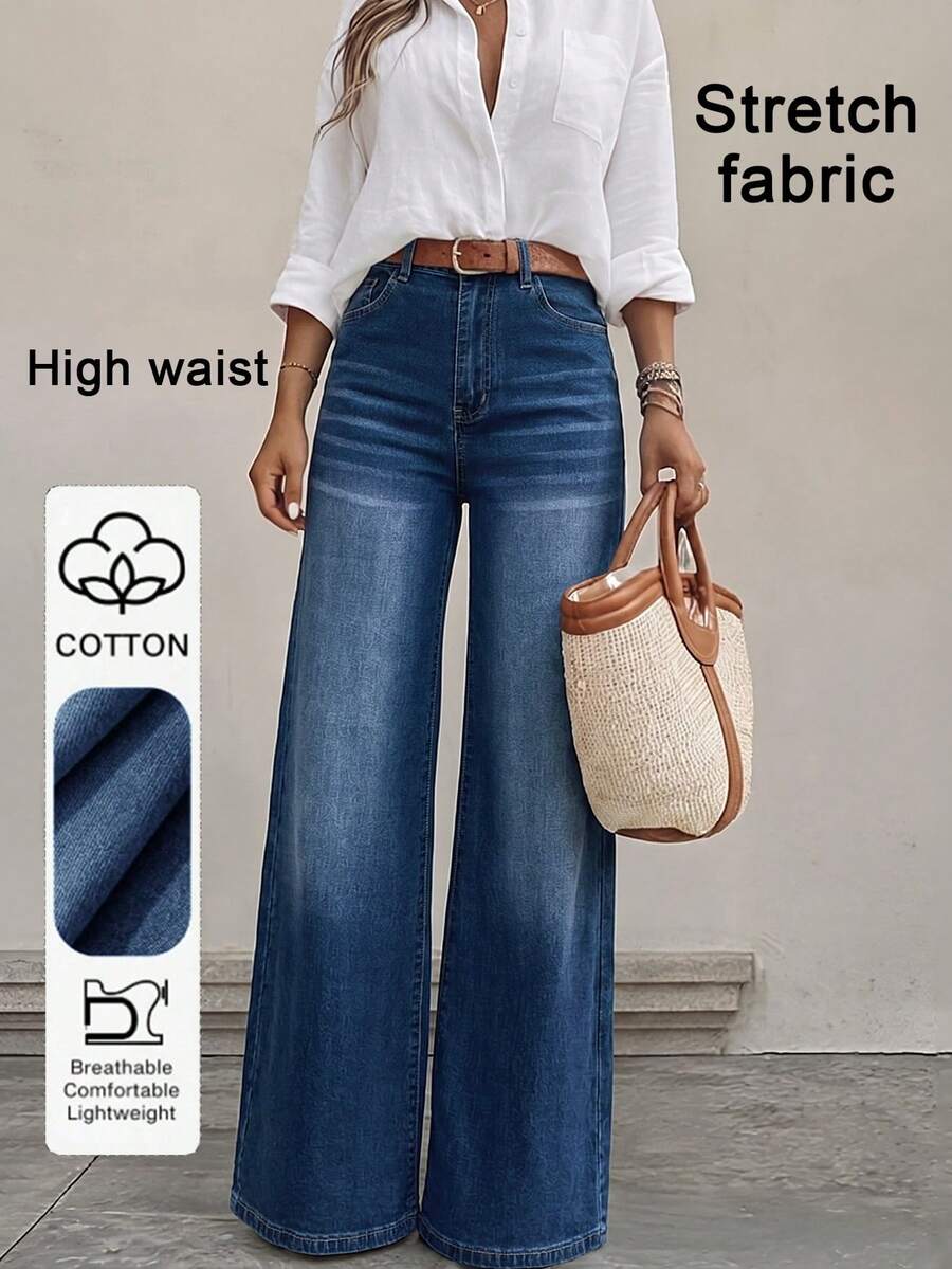 Women's Casual Straight Leg Washed Blue Jeans, Comfortable And Versatile For Daily Wear Spring - Dark Wash - View 1