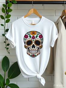 Camiseta de algodón purodeMujer,CamisetaBlancadeMujer,180 gramos100%Algodón,CuelloRedondo,DiseñodeCalaveraFloralEstiloDíadeMuertos,MangaCorta,ModaInformaldeVerano,PerfectaparaCombinar,RopaJuvenilyFresca,TallasS-XLTejidoTranspirableyCómodo,CamisetasparaSalirdeNocheparaMujer - Blanco - Ver 1