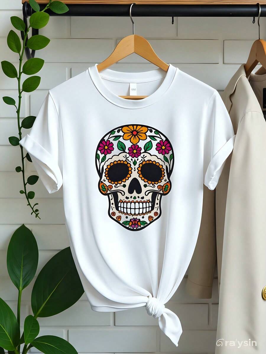 Camiseta de algodón purodeMujer,CamisetaBlancadeMujer,180 gramos100%Algodón,CuelloRedondo,DiseñodeCalaveraFloralEstiloDíadeMuertos,MangaCorta,ModaInformaldeVerano,PerfectaparaCombinar,RopaJuvenilyFresca,TallasS-XLTejidoTranspirableyCómodo,CamisetasparaSalirdeNocheparaMujer - Blanco - Ver 1