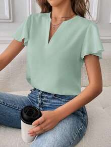Camisa de mujer de unicolor con escote en V entallado y manga corta, informal y adecuada para el trabajo, blusas de manga corta - verde menta - Ver 6