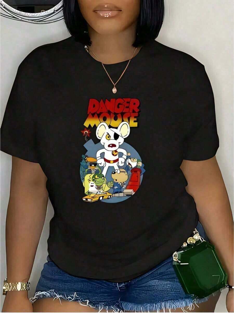 Nuevas llegadas de verano. Camiseta Casual Estampada para Mujer, Éxito de de Verano - Estampado de Personajes de Dibujos Animados, Cuello Redondo, Manga Corta, 100% Algodón Puro con Ligera Elasticidad, Top Cómodo y Holgado para Primavera y Verano, Adecuada para Deportes al Aire Libre y Ocio en Interiores. Top Cómodo y Versátil de Manga Corta. - Negro - Ver 1