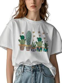 Suave Playera de mujer de algodón 100% con estampado colorido de cactus y macetas, estilo casual moderno, cuello redondo, manga corta suave y diseño artístico veraniego, ropa de calor mujer - Blanco - Ver 7