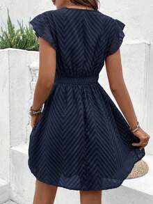 Vestido de verano con cintura fruncida y mangas de mariposa para mujer con cuello en V y estilo elegante - Azul marino - Ver 2
