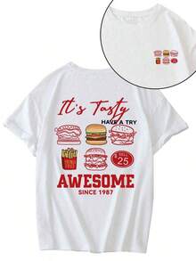Impresión a doble cara, diseño simple y versátil. Camiseta blanca de manga corta y cuello redondo, estampada con patrones minimalistas de papas fritas y hamburguesas, casual y versátil, adecuada para mujeres. Camiseta de algodón puro - Blanco - Ver 1