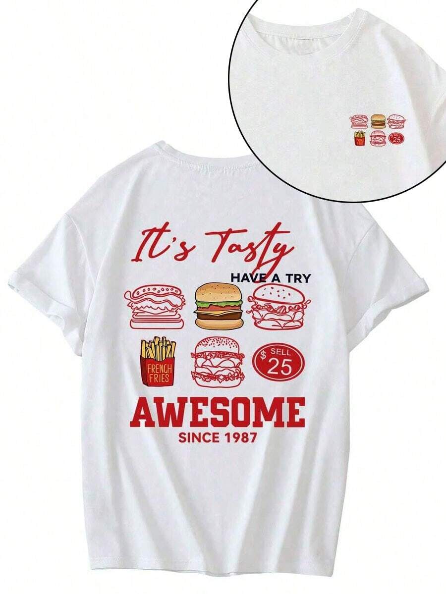 Impresión a doble cara, diseño simple y versátil. Camiseta blanca de manga corta y cuello redondo, estampada con patrones minimalistas de papas fritas y hamburguesas, casual y versátil, adecuada para mujeres. Camiseta de algodón puro - Blanco - Ver 1