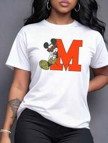 Figura de un ratón alegre con gafas rojas y una gran letra M en la espalda simbolizando energía positiva y diversión juvenil camiseta de mujer cómoda ideal para uso diario y ocasiones casuales,Camiseta de mujer elegante. - Blanco - Ver 7