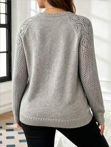 Plus Size Elegant Grey Hollow Out Knit Sweater, Casual Round Neck Long Sleeve Thin Pullover, Summer Daily Going Out Top For Women - Grey - View 3