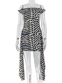 Vestido Corto Sin Mangas Cuello Oblicuo Estampado Leopardo Novedad Vendido Popular con Cordón Ajustable - Negro - Ver 6